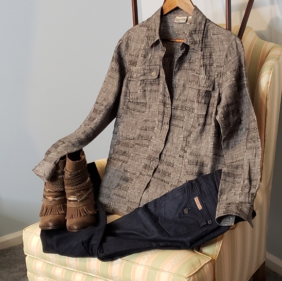 Linen Full Snap Button Down Minimalist Capsule Neutral Shirt 0/small Chico's - Picture 7 of 15